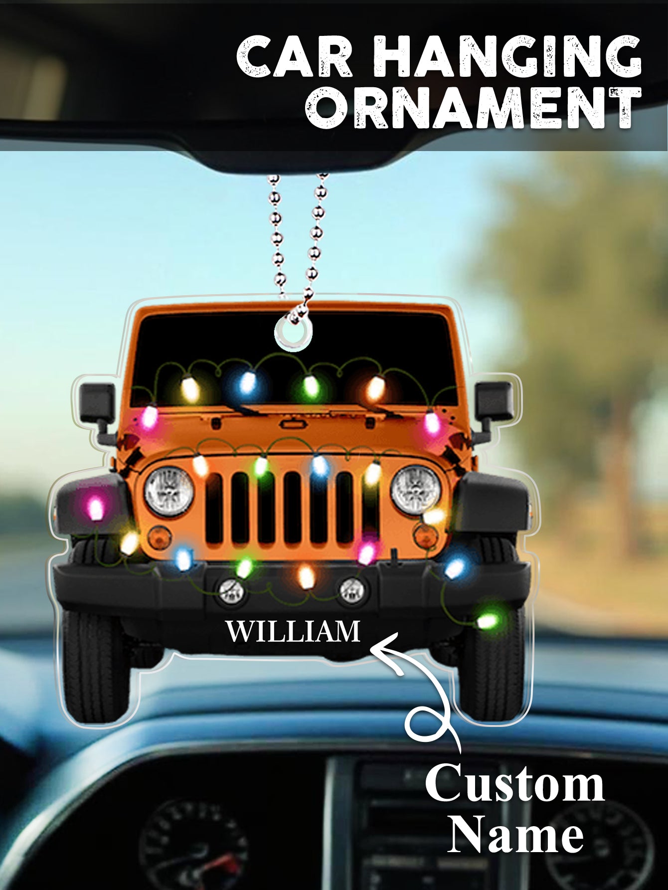 Pair of personalised car Christmas ornaments hanging together, engraved with different names on clear acrylic — ideal for couples and families