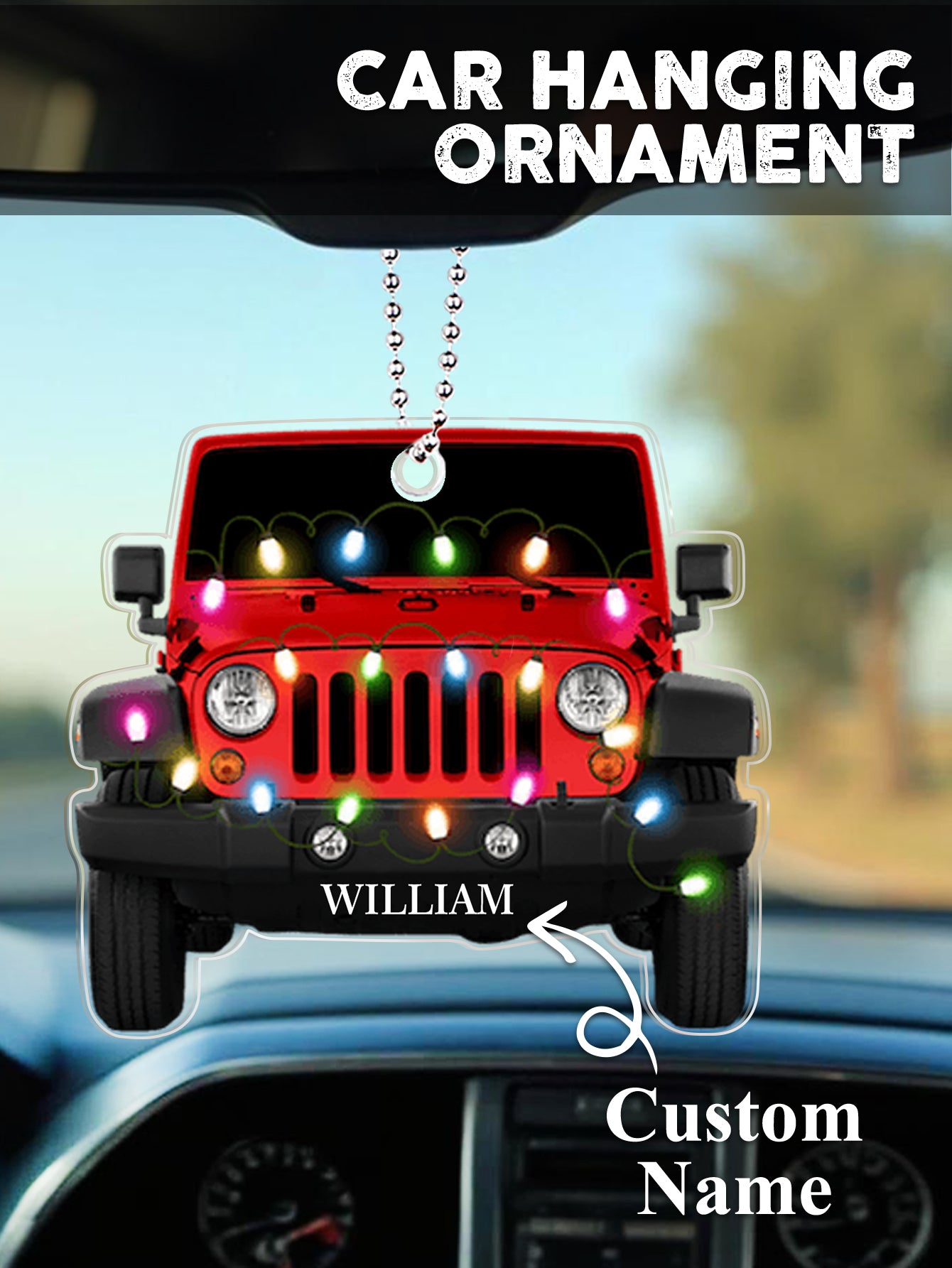 Personalised car ornament displayed with festive props, highlighting custom name engraving and durable acrylic material — perfect stocking filler