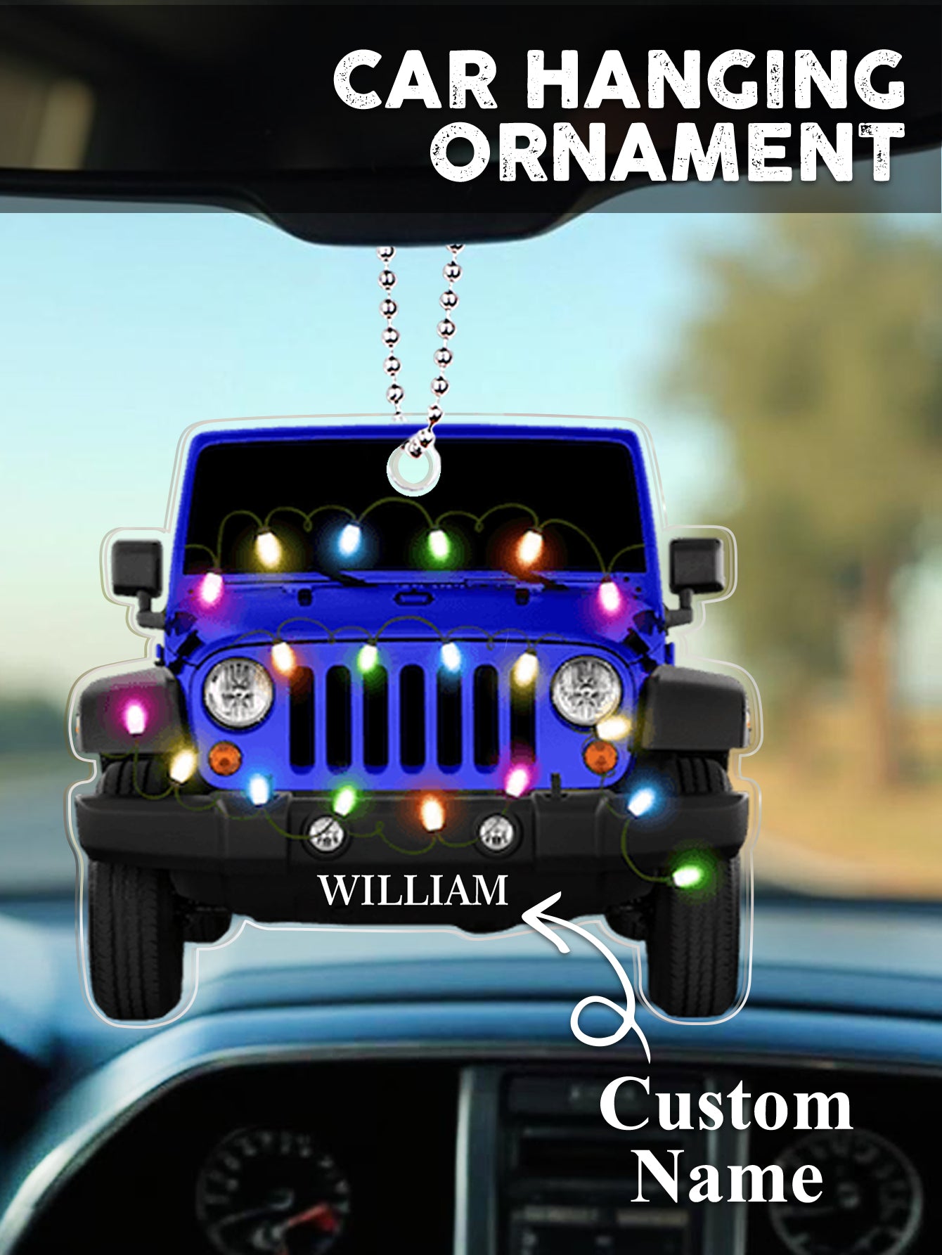 Personalised Car Christmas Ornament in clear acrylic shown with gift tag, engraved name visible — bespoke keepsake for birthdays or Valentine’s Day