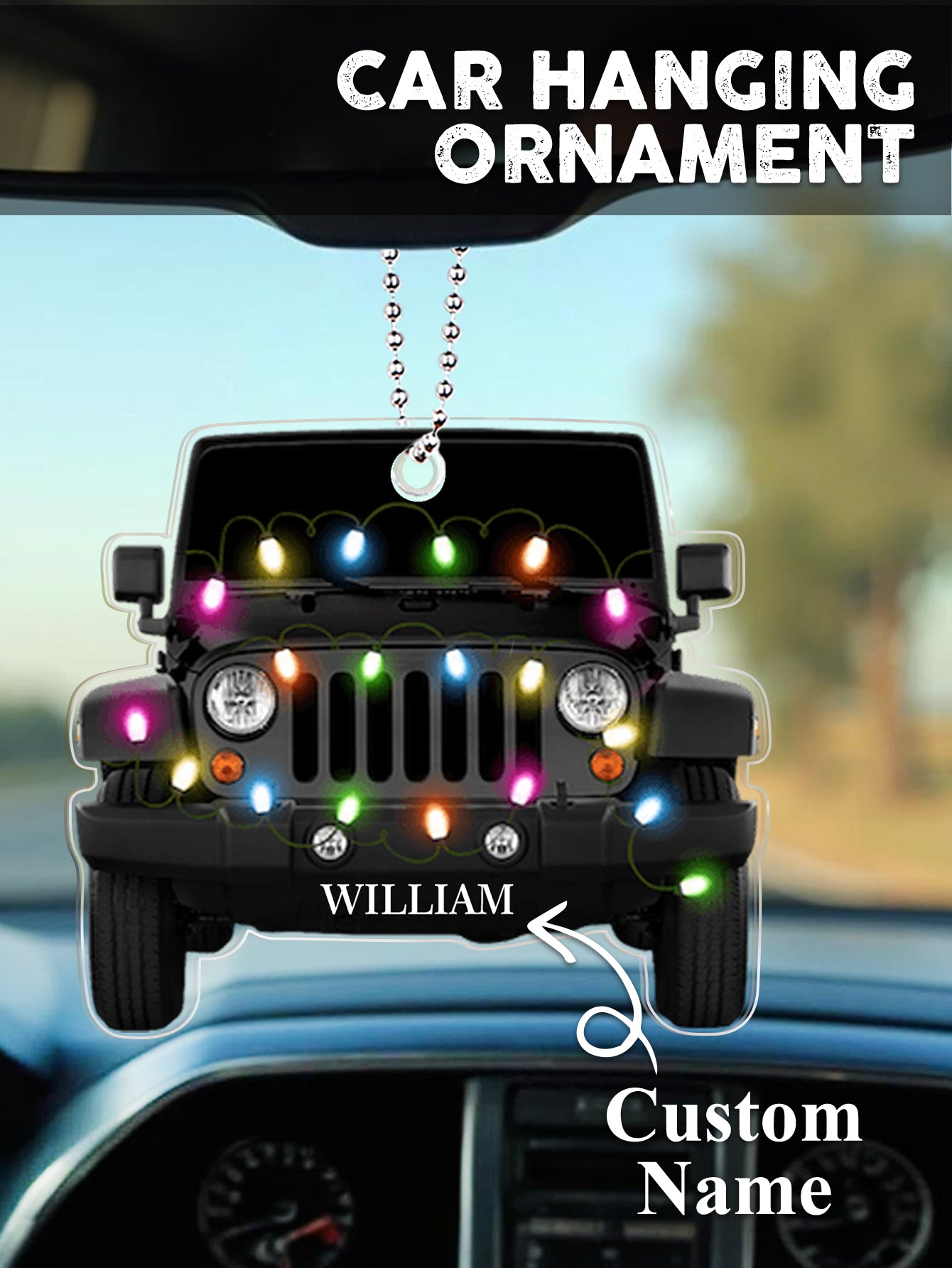 Personalised engraved car ornament pictured with protective backing removed, showing clear acrylic and detailed car silhouette