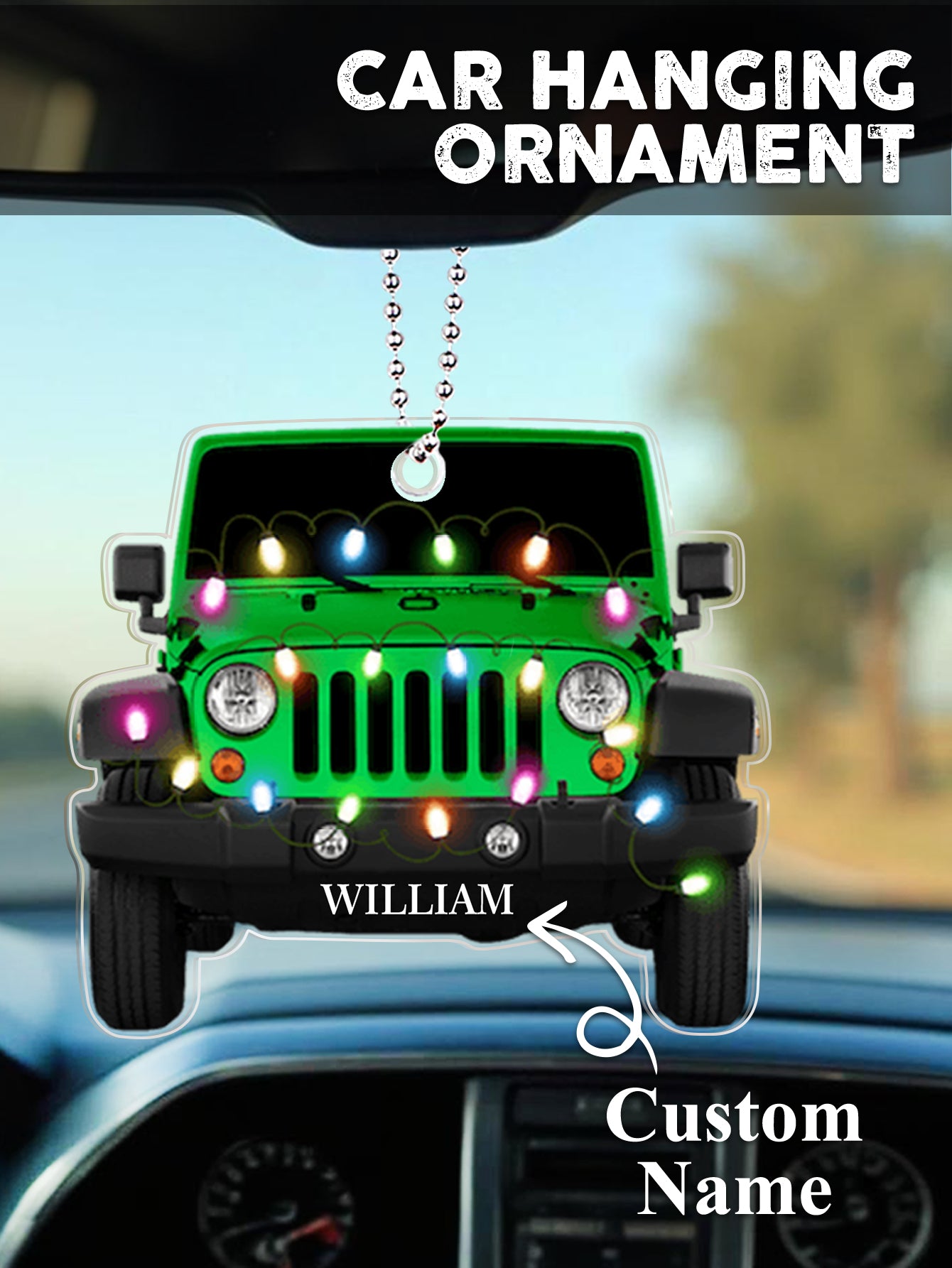 Personalised Car Christmas Ornament displayed in a gift box, engraved name on clear acrylic — ready-to-gift custom decoration