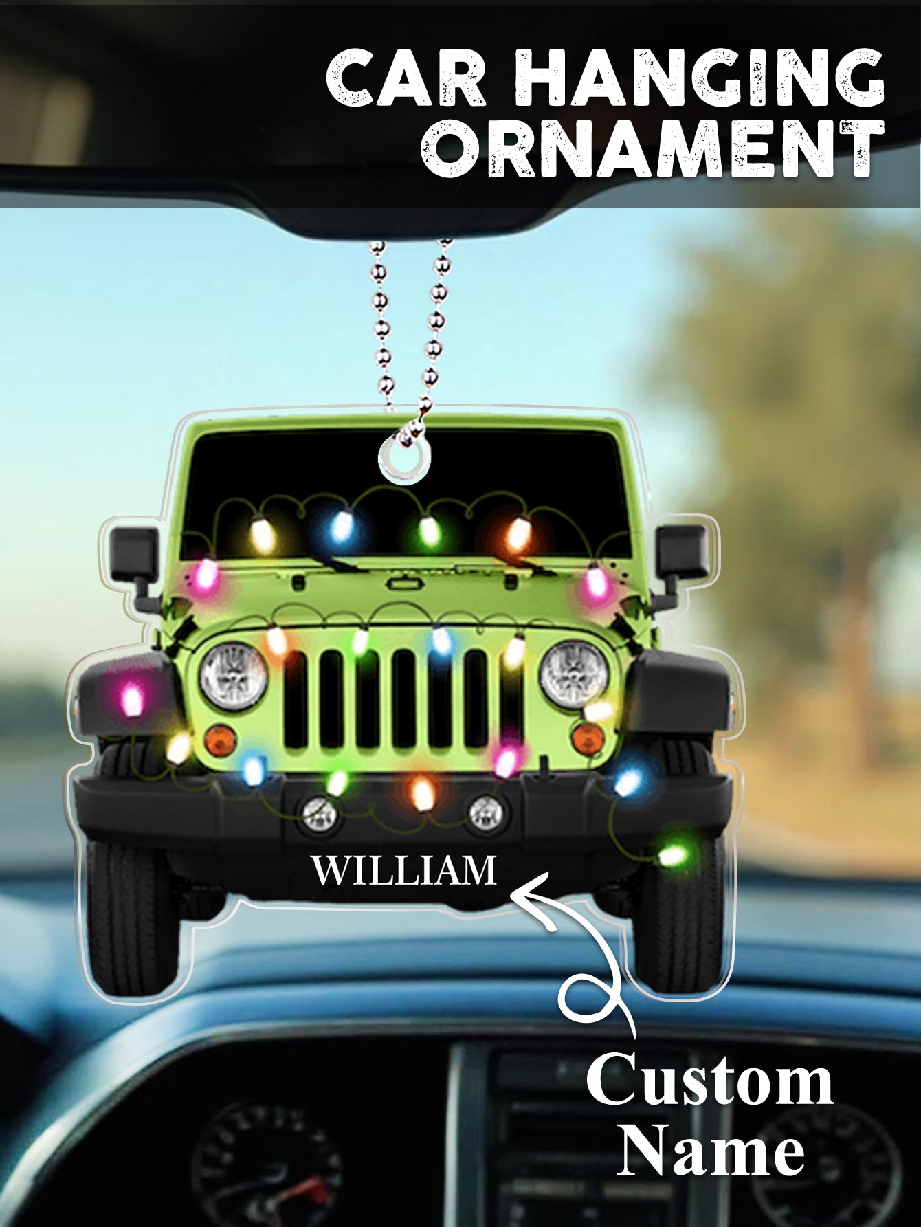 Hand holding personalised car ornament to show scale, engraved name visible on premium clear acrylic — 9x8cm custom keepsake