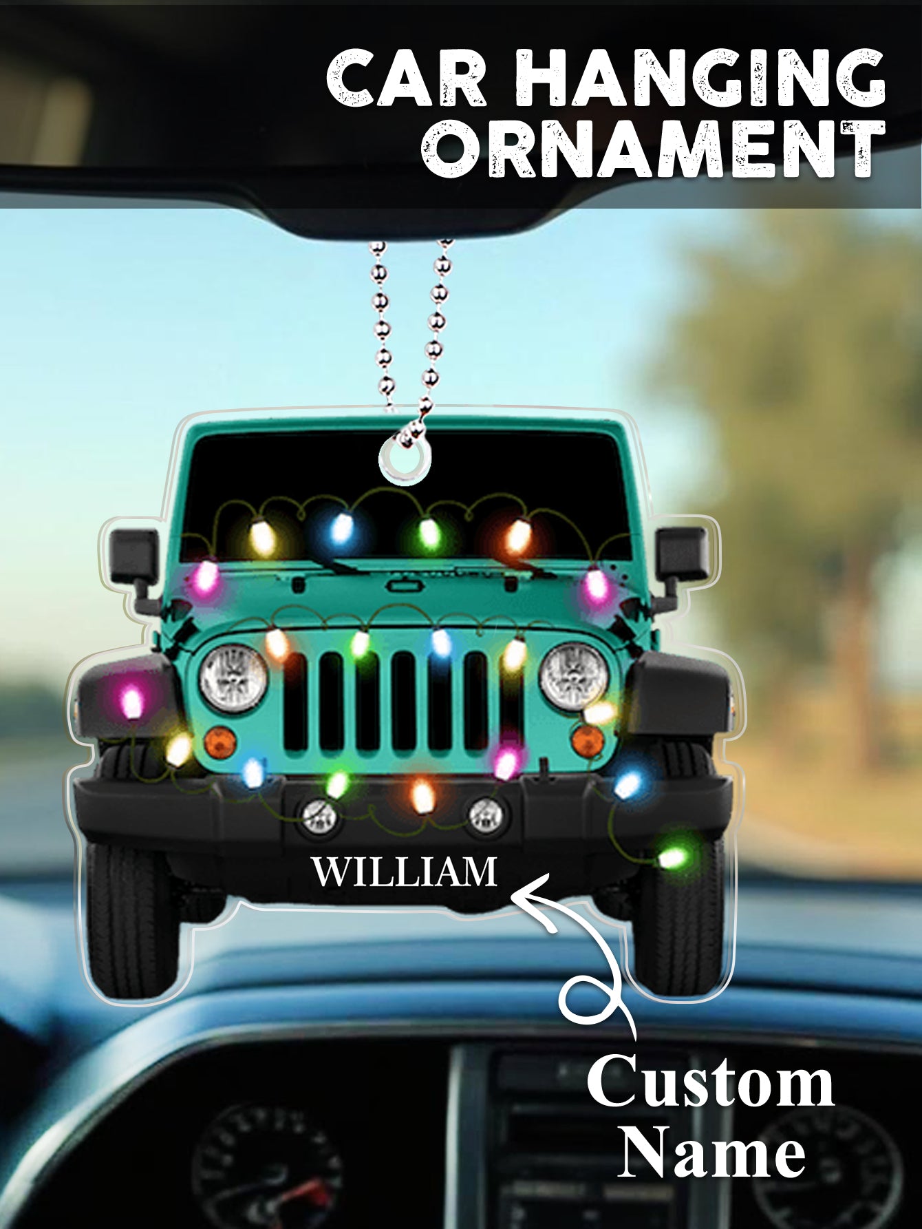 Two personalised car ornaments photographed together to showcase engraving variation and premium clear acrylic finish — ideal for families