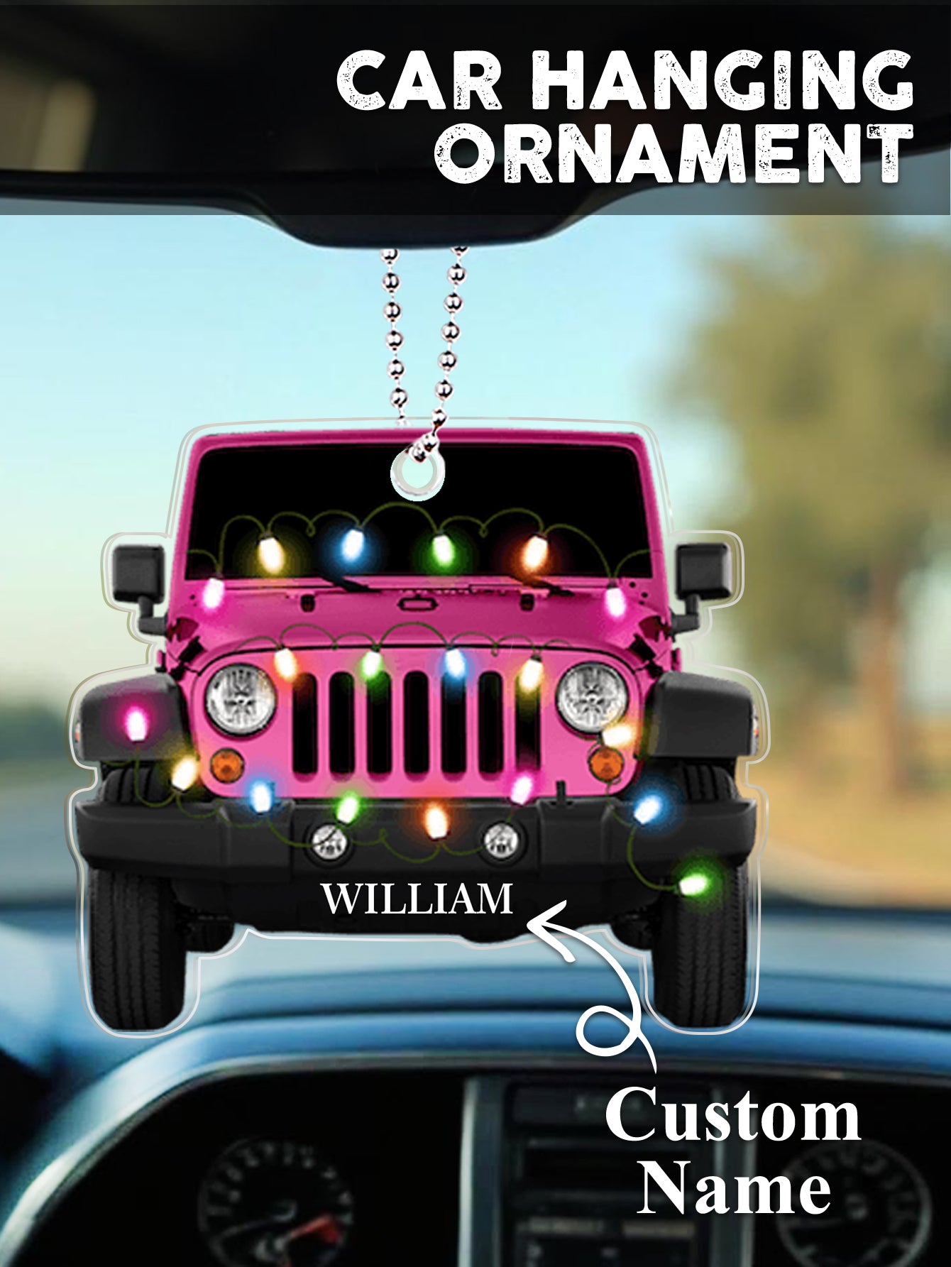 Personalised Car Christmas Ornament displayed on a tabletop with seasonal décor, engraved name on clear acrylic as a thoughtful personalised gift