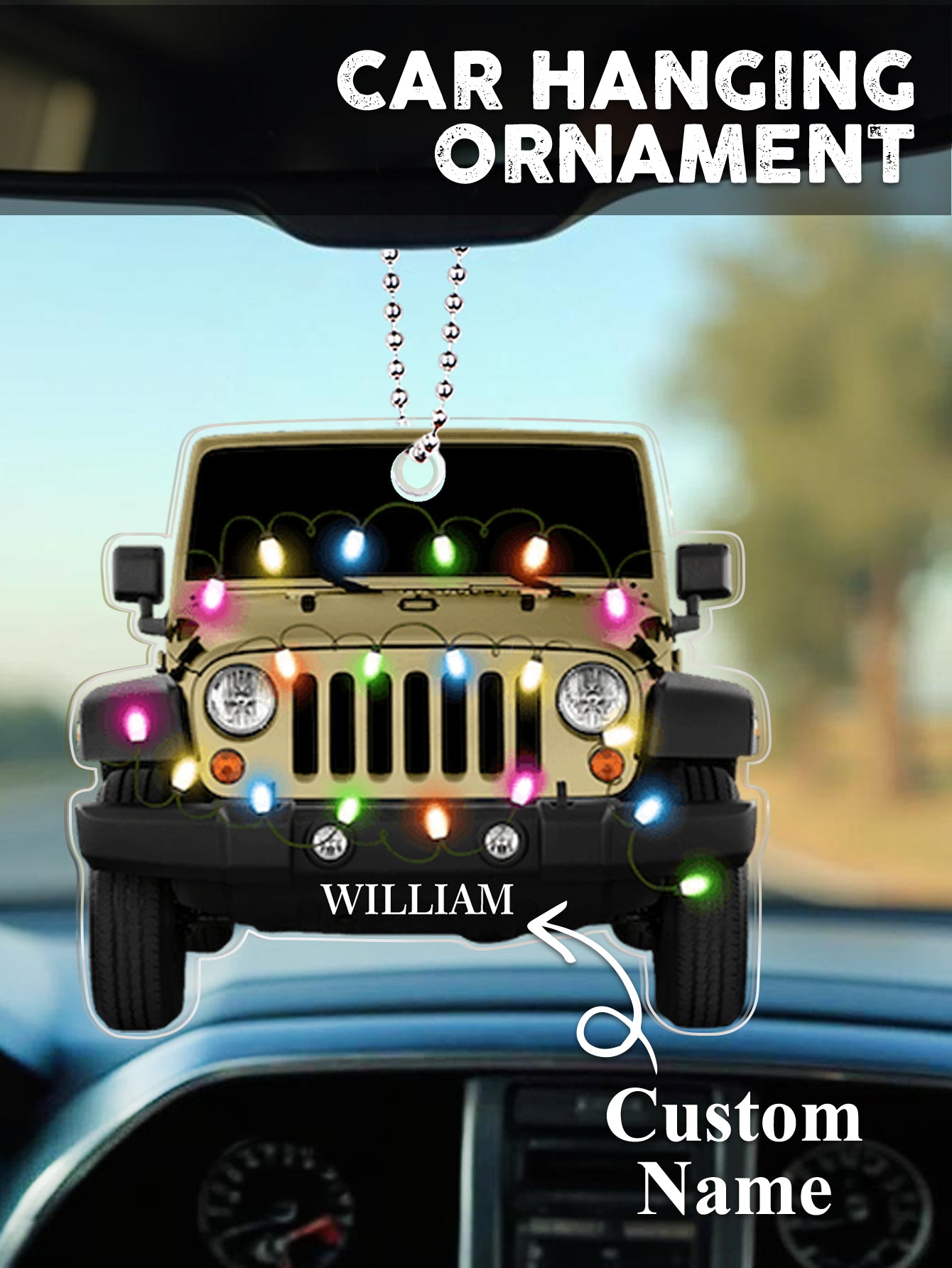 Detailed image of personalised car ornament suspended by ribbon, showing engraved name and crystal-clear acrylic silhouette