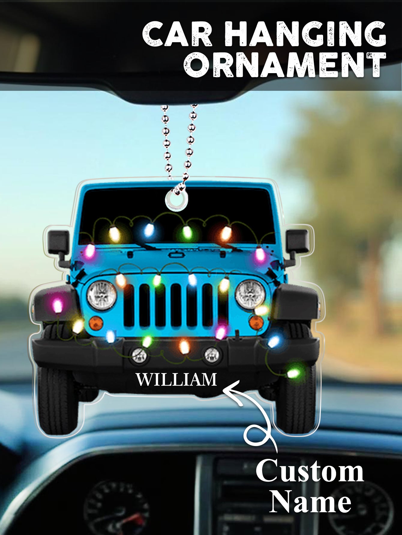 Personalised engraved car ornament presented as part of a gift set, clear acrylic keepsake personalised with a name for special occasions