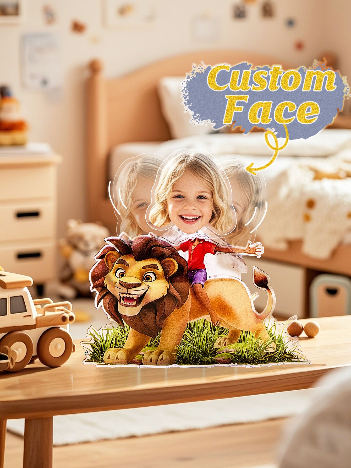 Close-up of printed custom face detail on acrylic standee — high-resolution personalised photo gift with shaking head feature
