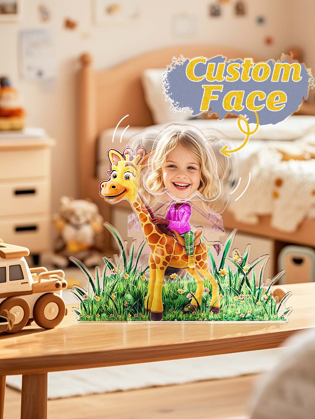 Acrylic personalised standee shown in home office setting — quirky custom face ornament and conversation piece