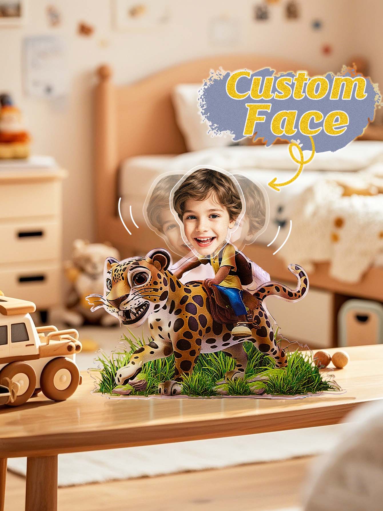 Personalised shaking head standee displayed on a study desk — fun and durable acrylic custom photo ornament for kids
