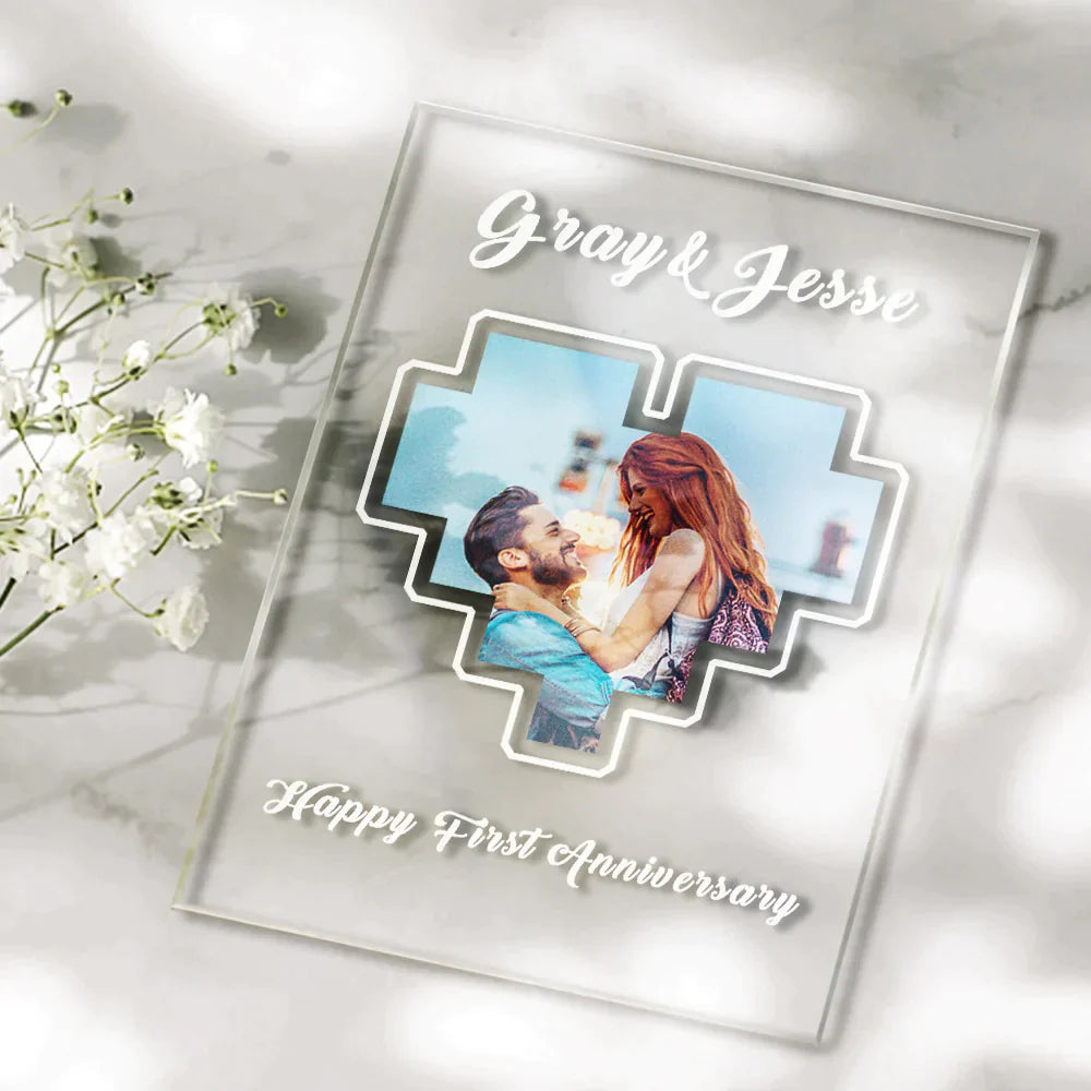 Close-up of personalised acrylic heart keyring and photo plaque — vivid printed photo finish, ideal personalised gift for anniversaries or memorials