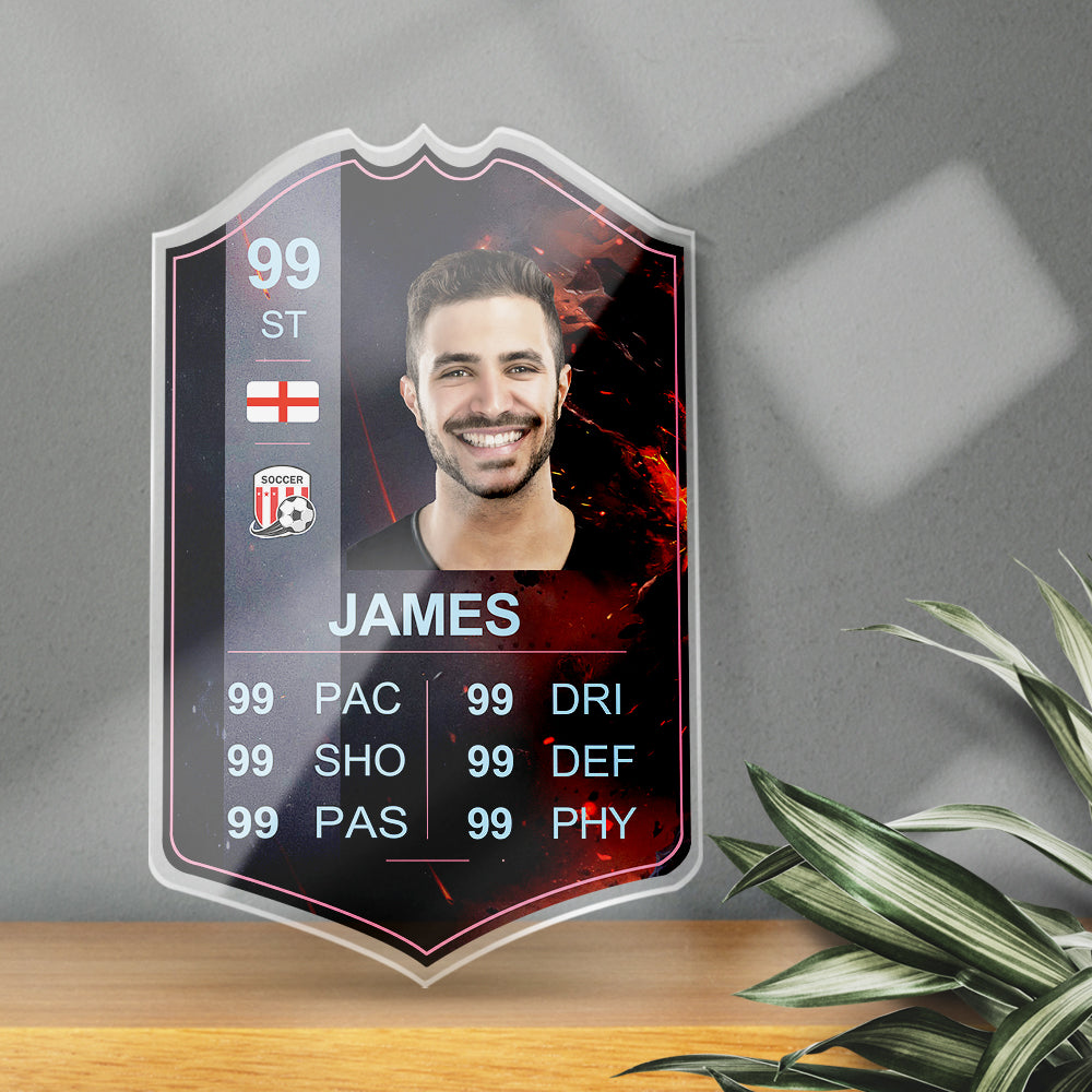 Personalised football card in acrylic featuring player portrait, club badge and grading — custom Club Legends trading card memorabilia