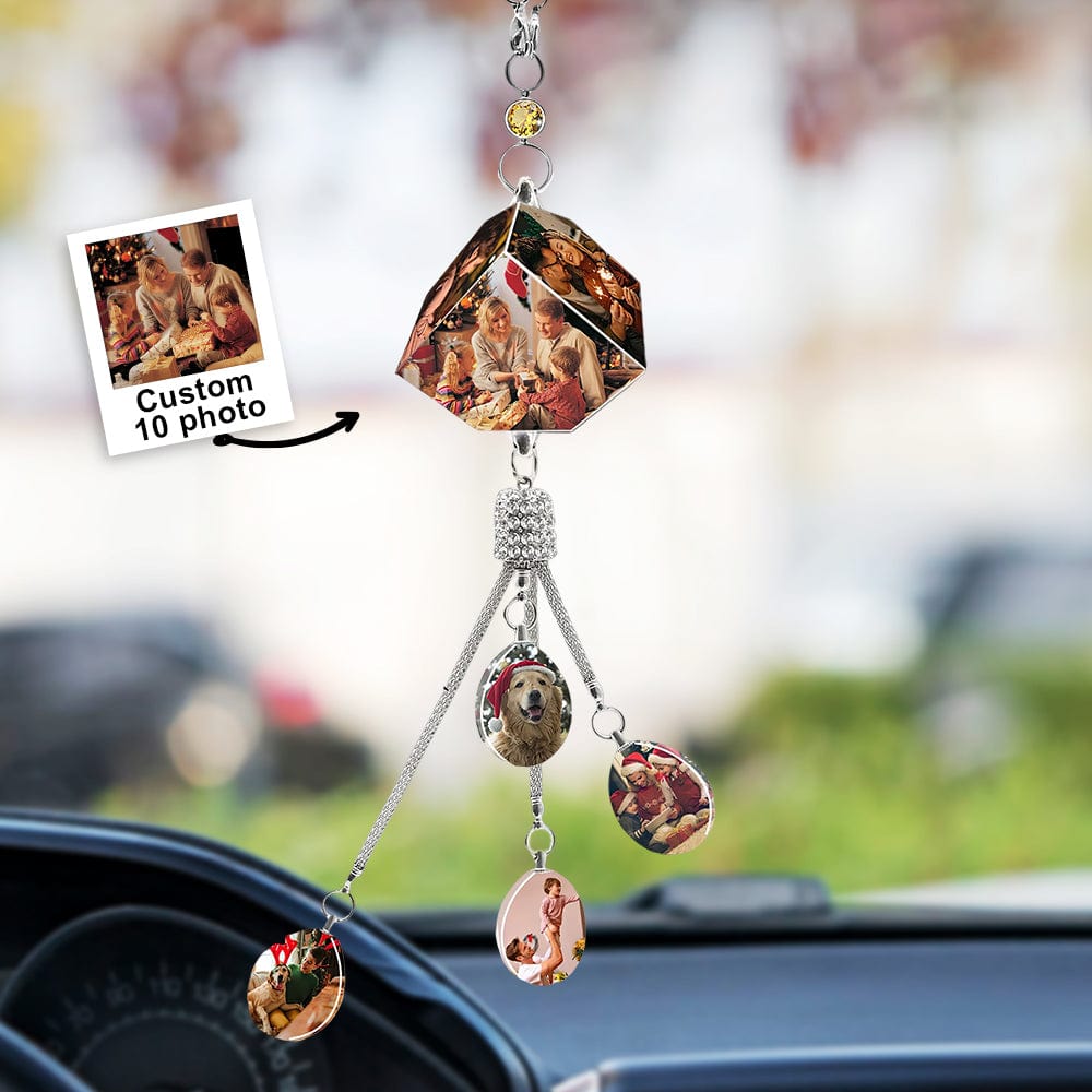 Personalised car pendant photo ornament with crystal centre cube and teardrop acrylic pendant, designed to hang from a rear-view mirror.
