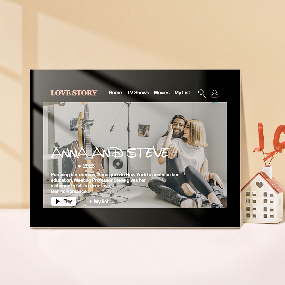 Custom photo cinema plaque displayed on a shelf — personalised movie poster keepsake for couples and gifts for him or her