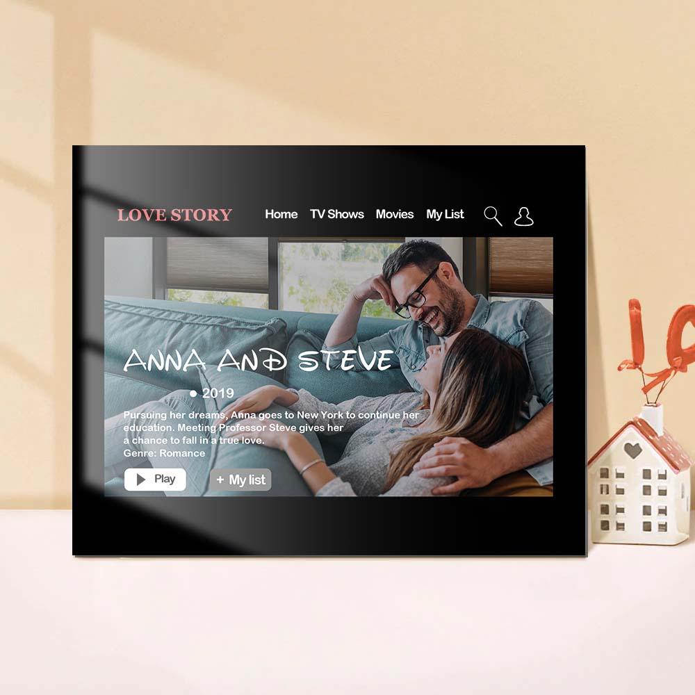Close-up of personalised movie poster plaque showing bespoke title and custom credits — ideal personalised Valentine gift