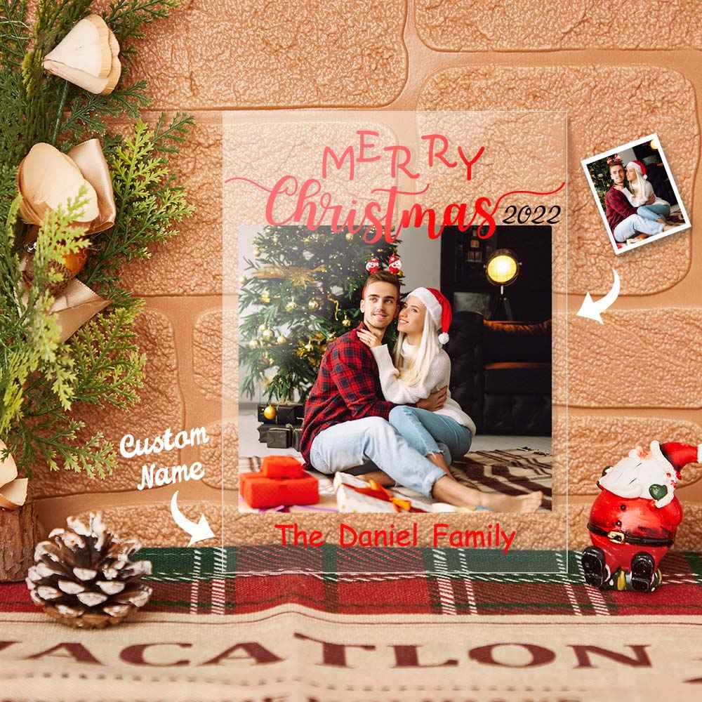 Custom Chirstmas Family Photo Arylic Plaque with Family Name Desk Top Sign