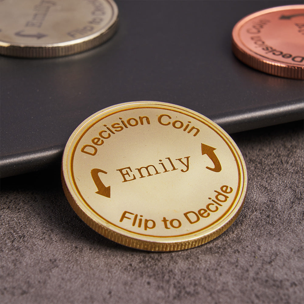 Hand-held personalised decision coin illustrating portability and scale of a custom engraved pocket token, perfect novelty gift