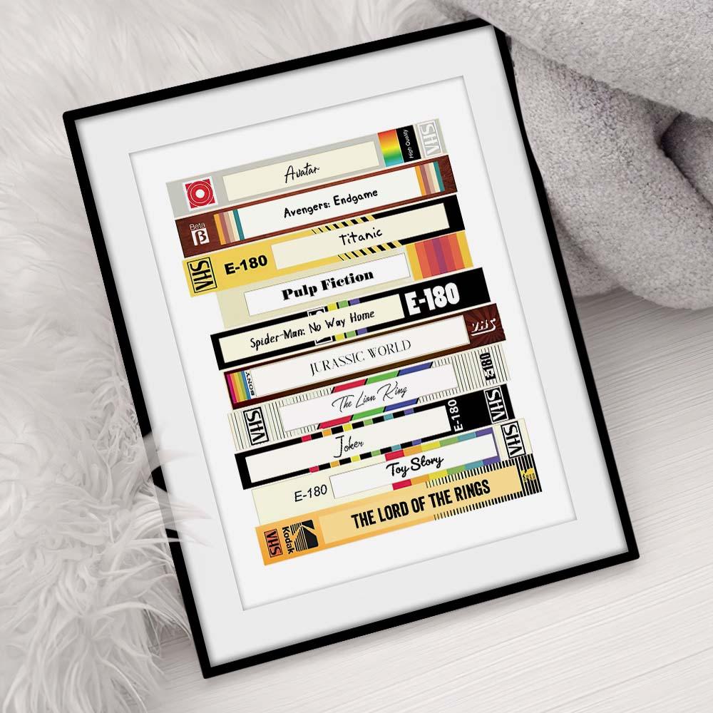 Framed personalised movie poster on wall in home cinema setting — custom VHS tape print, nostalgic film lover décor