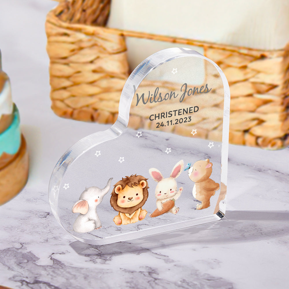 Variant personalised baby christening ornament with alternative animal motif — engraved acrylic heart with name & date