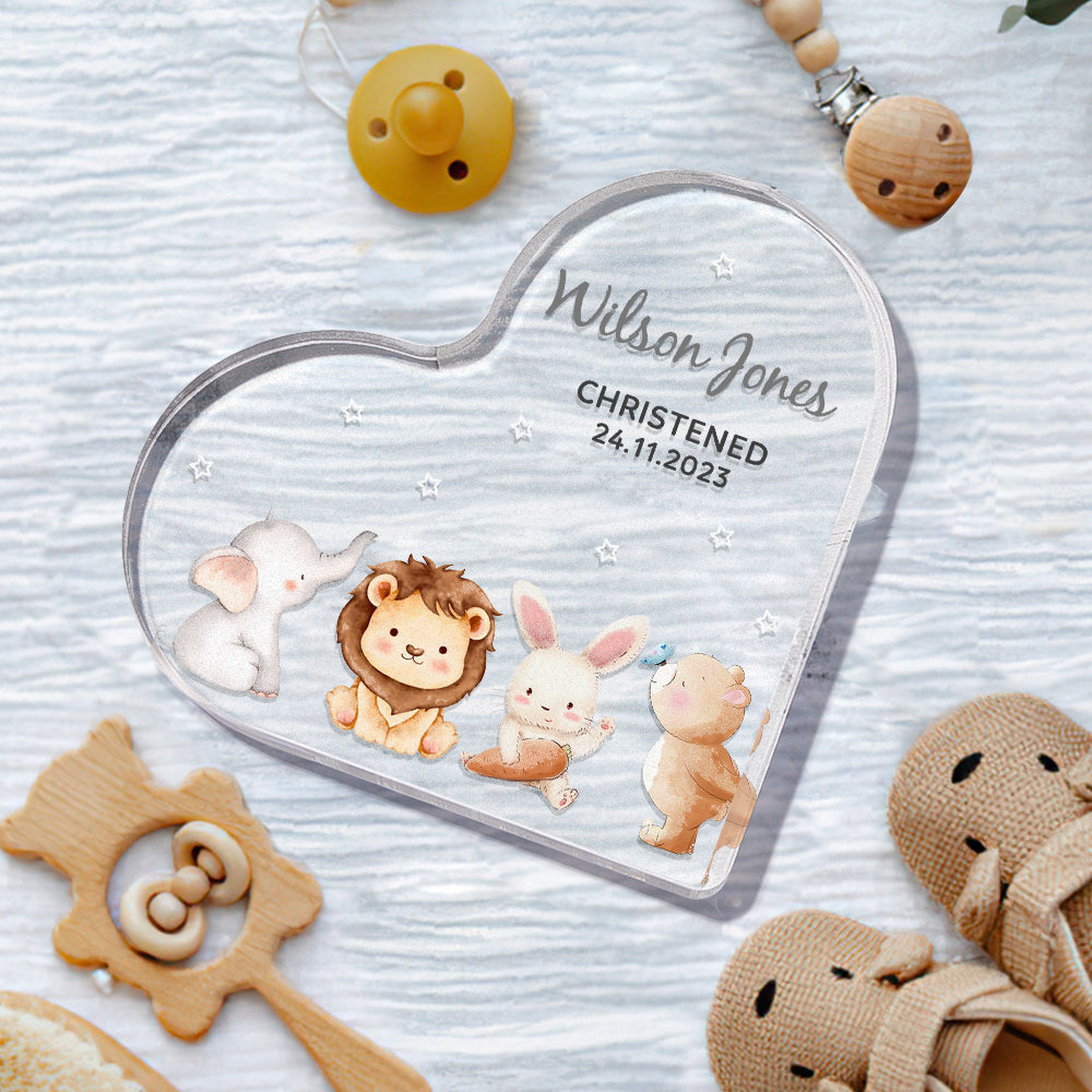 Side profile of variant engraved acrylic heart keepsake showing polished finish and personalised text for baptism gift