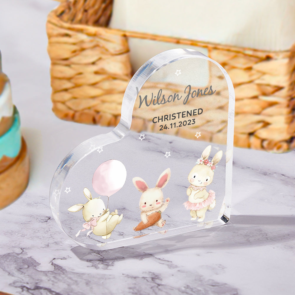 Personalised engraved acrylic heart with playful animal motif — christening keepsake engraved with name and date