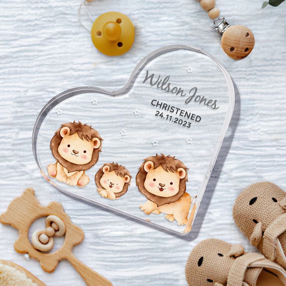 Macro shot showing crisp engraving and polished edges on personalised acrylic heart — engraved keepsake for babies