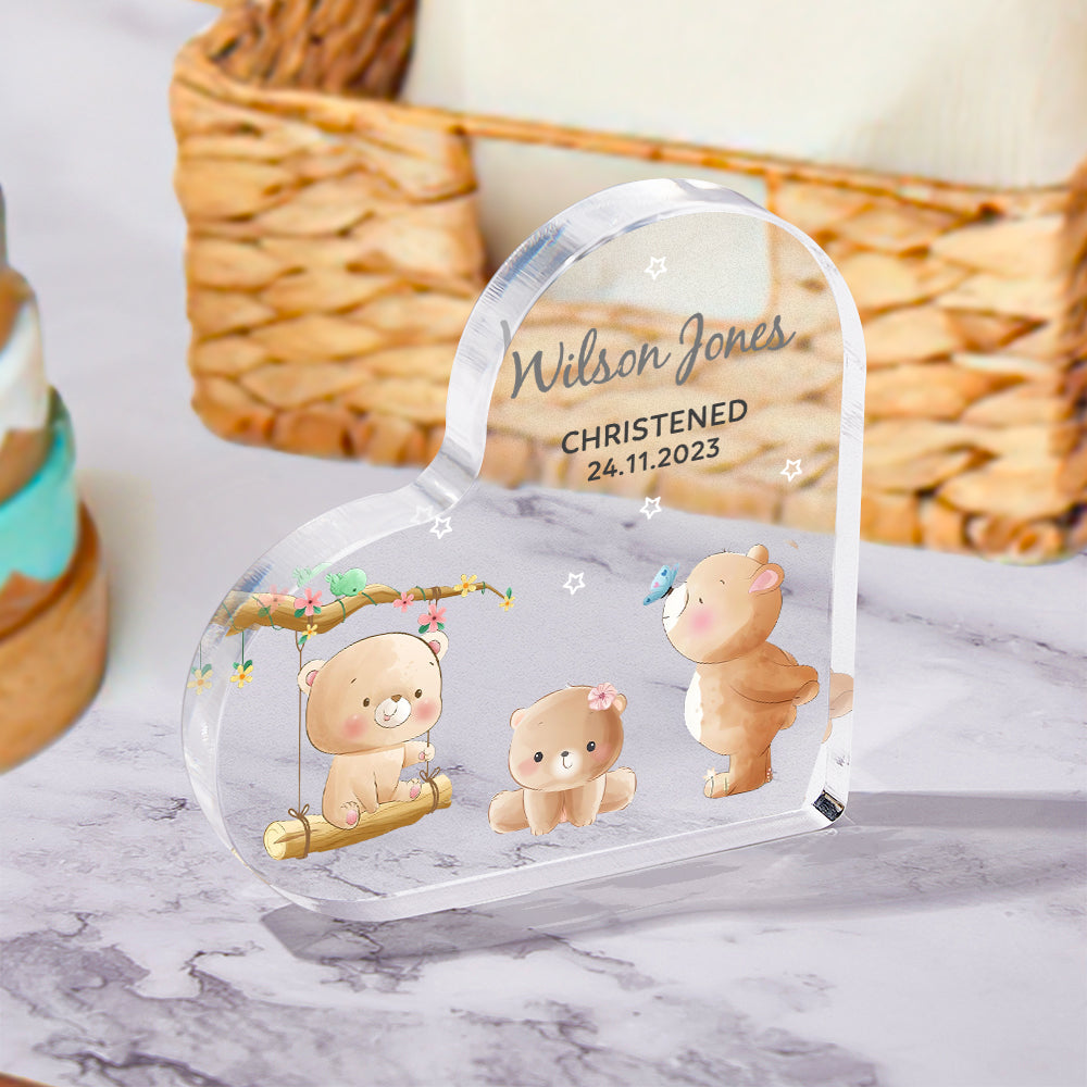 Elegant personalised acrylic heart ornament with engraved name and date — ideal christening or baptism keepsake