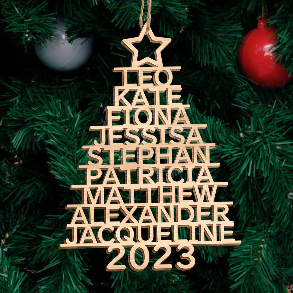 Assortment of handcrafted personalised wooden Christmas tree ornaments in star and heart shapes, eco-friendly custom name decorations for holiday gifting