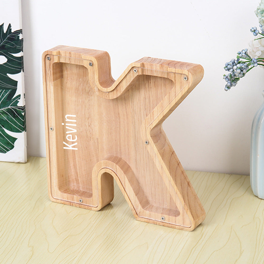 Personalised 26 Letter Wooden Piggy Bank - Custom Name Money Box Gift