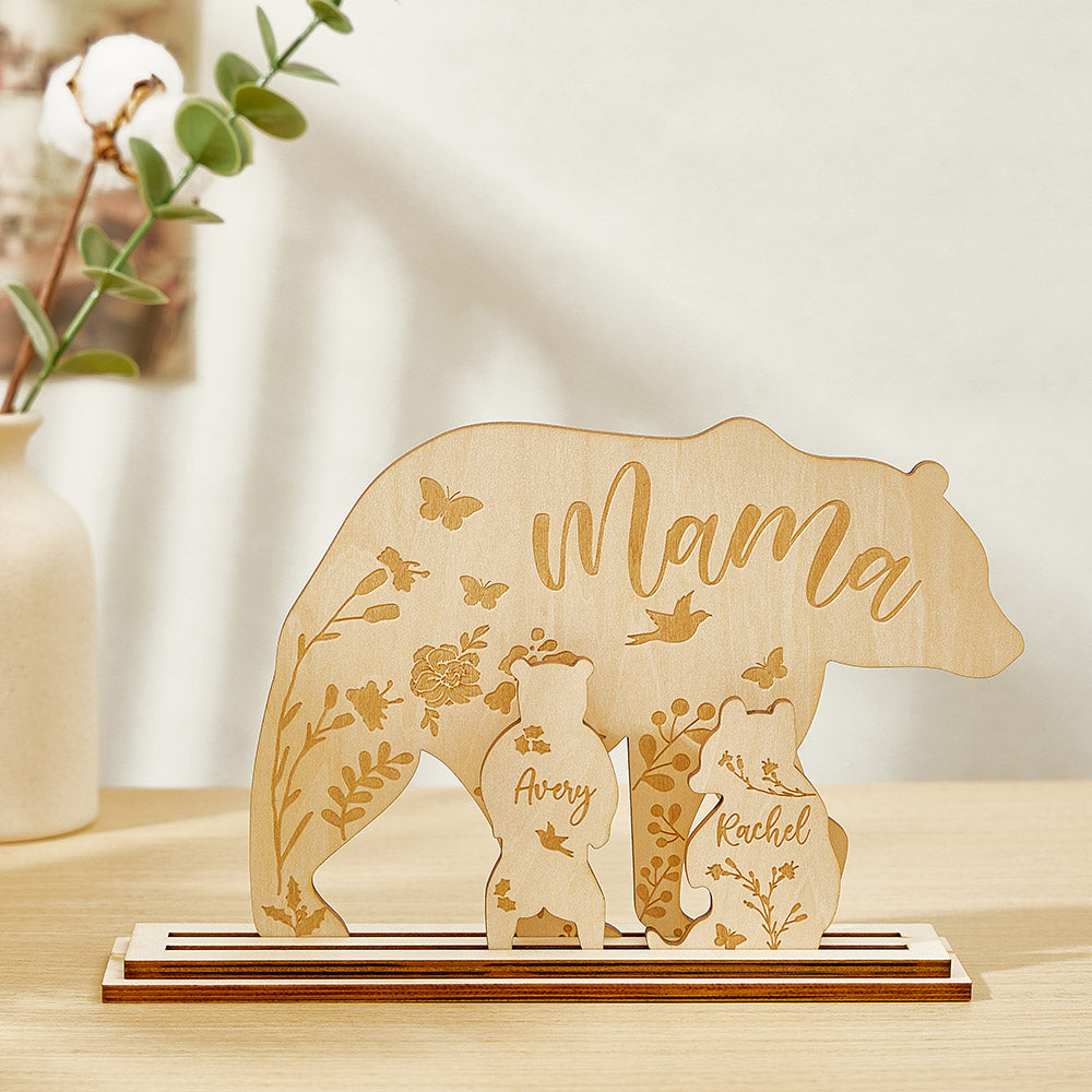 Styled on a home desk: personalised mama bear with cubs ornament beside a laptop — thoughtful gift for Mum or home office decor