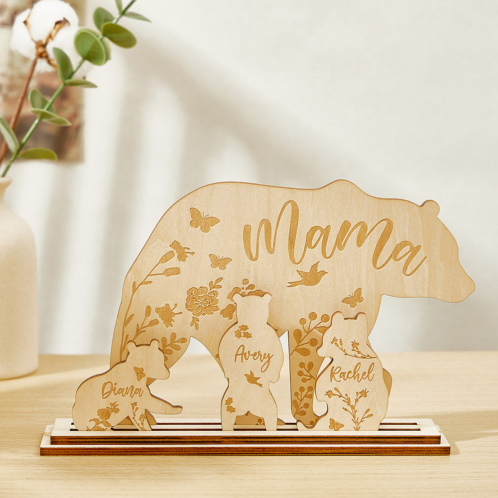 Comparison shot showing size of personalised wooden mama bear with cubs (22cm x 13.5cm) for desk or mantel — engraved gift for her