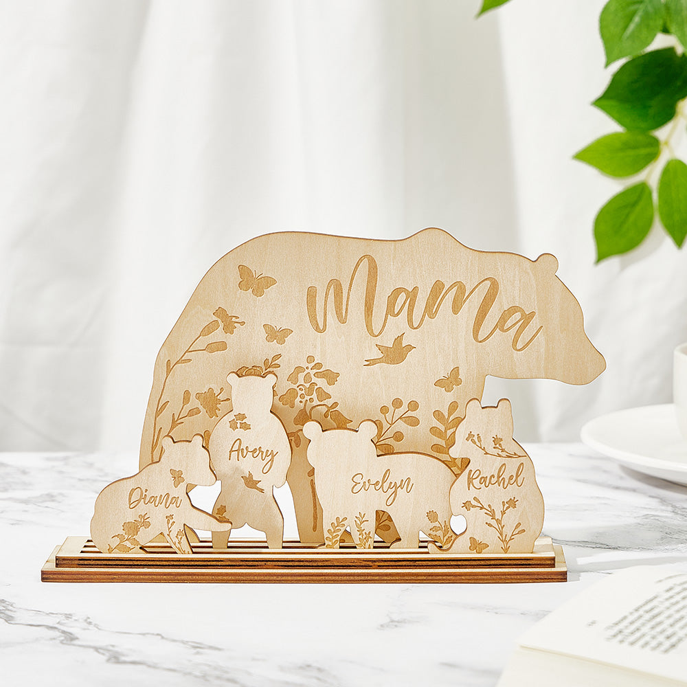 Rear view of the wooden mama bear and cubs decor showing stable base and natural wood grain — personalised engraved keepsake for Mum