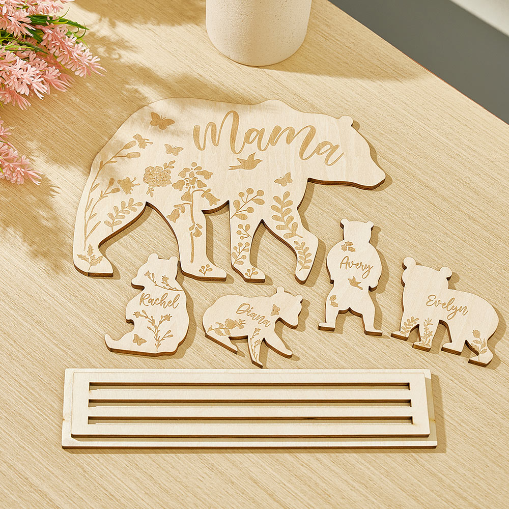 Personalised wooden 'Mama Bear with Cubs' desk decoration engraved with family names — gift for Mum, Mother's Day keepsake