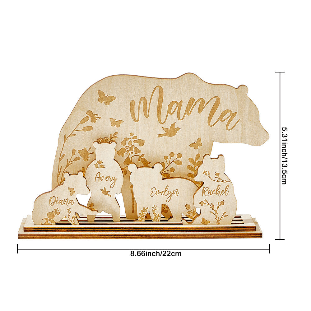 Side view of personalised mama bear and cubs wood ornament showing engraved names and smooth finish — wooden desk decor for Mum