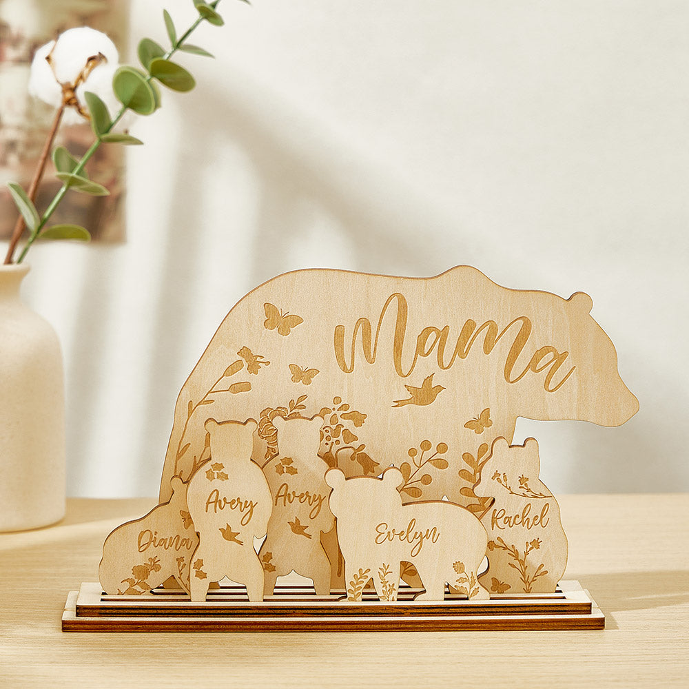 Packaged personalised mama bear with cubs wood ornament ready for gifting — ideal Mother's Day or birthday present for Mum