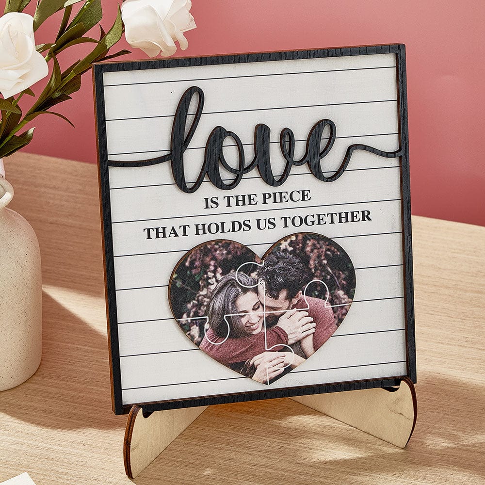 Personalised Wooden Photo Plaque | 'Love Holds Us Together' Gift for Valentines & Weddings