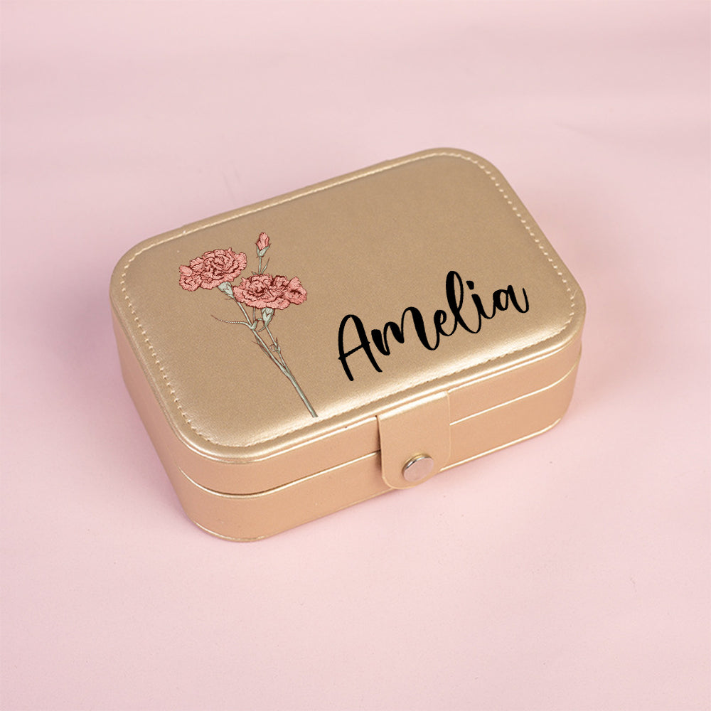 Range of personalised birth-flower designs on PU leather travel jewellery boxes — choose a custom floral motif and name