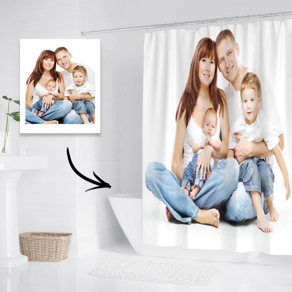 Personalised photo shower curtain in a bathroom — custom waterproof polyester with vivid, fade-resistant print