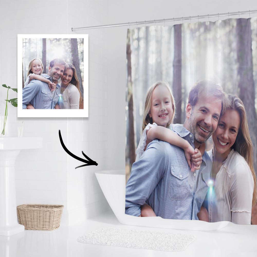 Custom personalised photo shower curtain hanging on rings — available in six sizes for privacy and style
