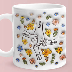Personalised Engraved Hand in Hand Floral Mug - Mother's Day Gift with Custom Names