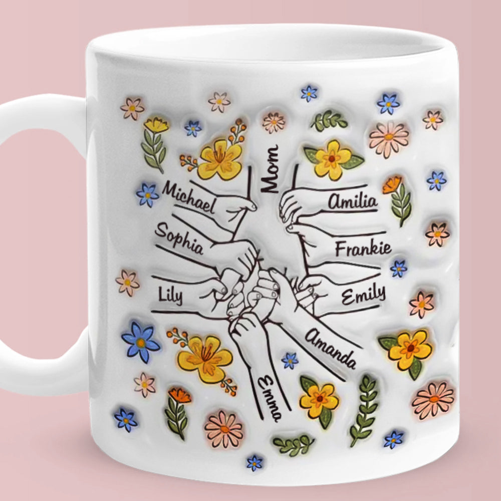 Personalised Engraved Hand in Hand Floral Mug - Mother's Day Gift with Custom Names