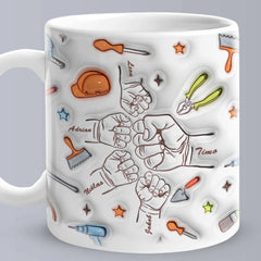 Personalised 3D Fist Bump Names Mug - Custom Gift for Dad & Grandpa