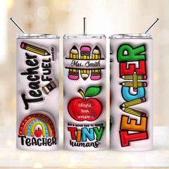 Personalized 3D Inflated Effect Apple Pencil Rainbow Design 20oz Skinny Tumbler Lid and Straw Back to School Gift for Teacher