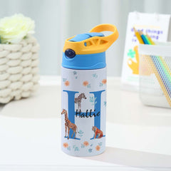Personalised 12oz Stainless Steel Water Bottle with Straw | Kids Jungle Animal Design | Custom Name Gift