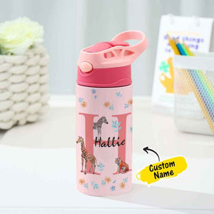 Personalized 12oz Water Bottle with Straw Animal Jungle Water Bottle Birthday Gift for Kids