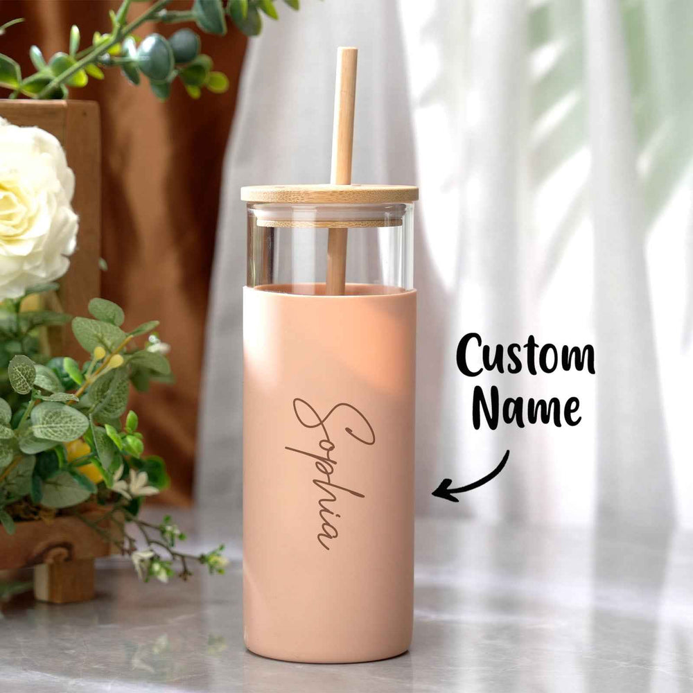 Personalized Name 17oz Glass Tumbler Coffee Tumbler with Engraved Wood Lid Silicone Case and Straw Birthday Gift