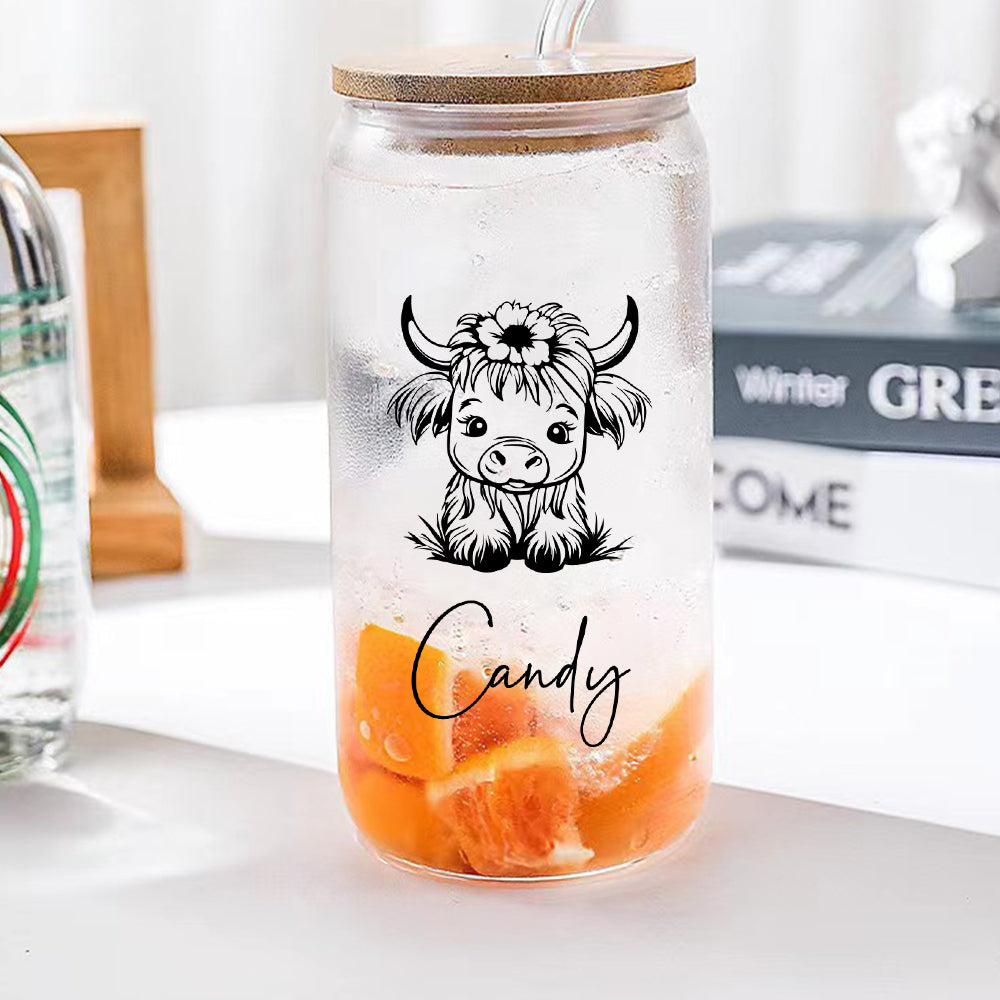 Personalised Highland Cow Glass Tumbler with Name - Unique Gift for Cow Lovers
