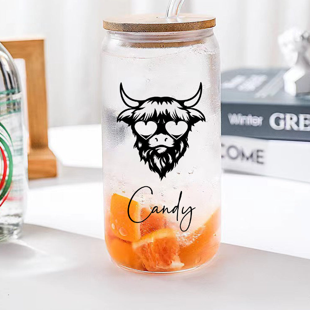 Personalised Highland Cow Glass Tumbler with Name - Custom Scotch Gift