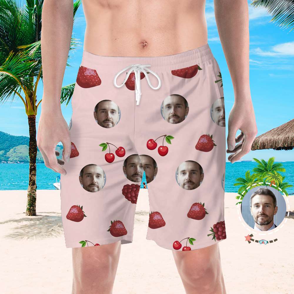 White personalised swim trunks with centered circular photo – custom beach shorts for men, loose fit, durable high-resolution 3D printing