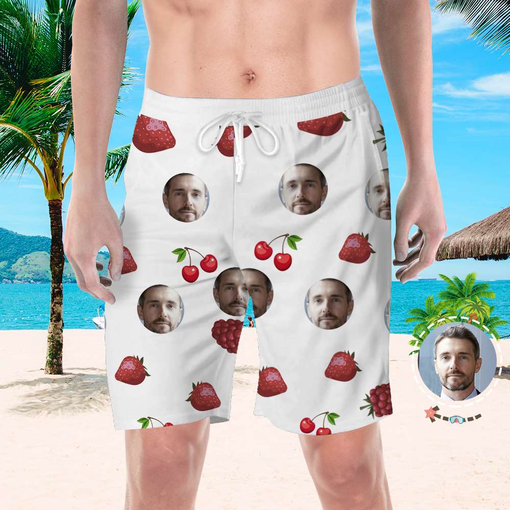 Purple personalised beach shorts showcasing circular photo design – custom swim trunks for men, vivid 3D print, perfect birthday gift for boyfriend or husband
