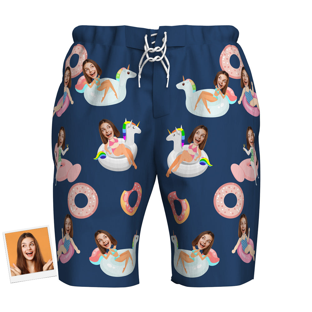 Personalised face donut swim shorts side and back view – shows elasticated waistband, drawstring and comfortable fit; custom photo beach trunks for swimming and casual wear